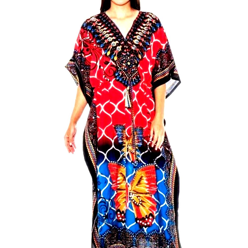 Women Kaftan red boho long coverup house coat Butterfly Dress Rock free XL